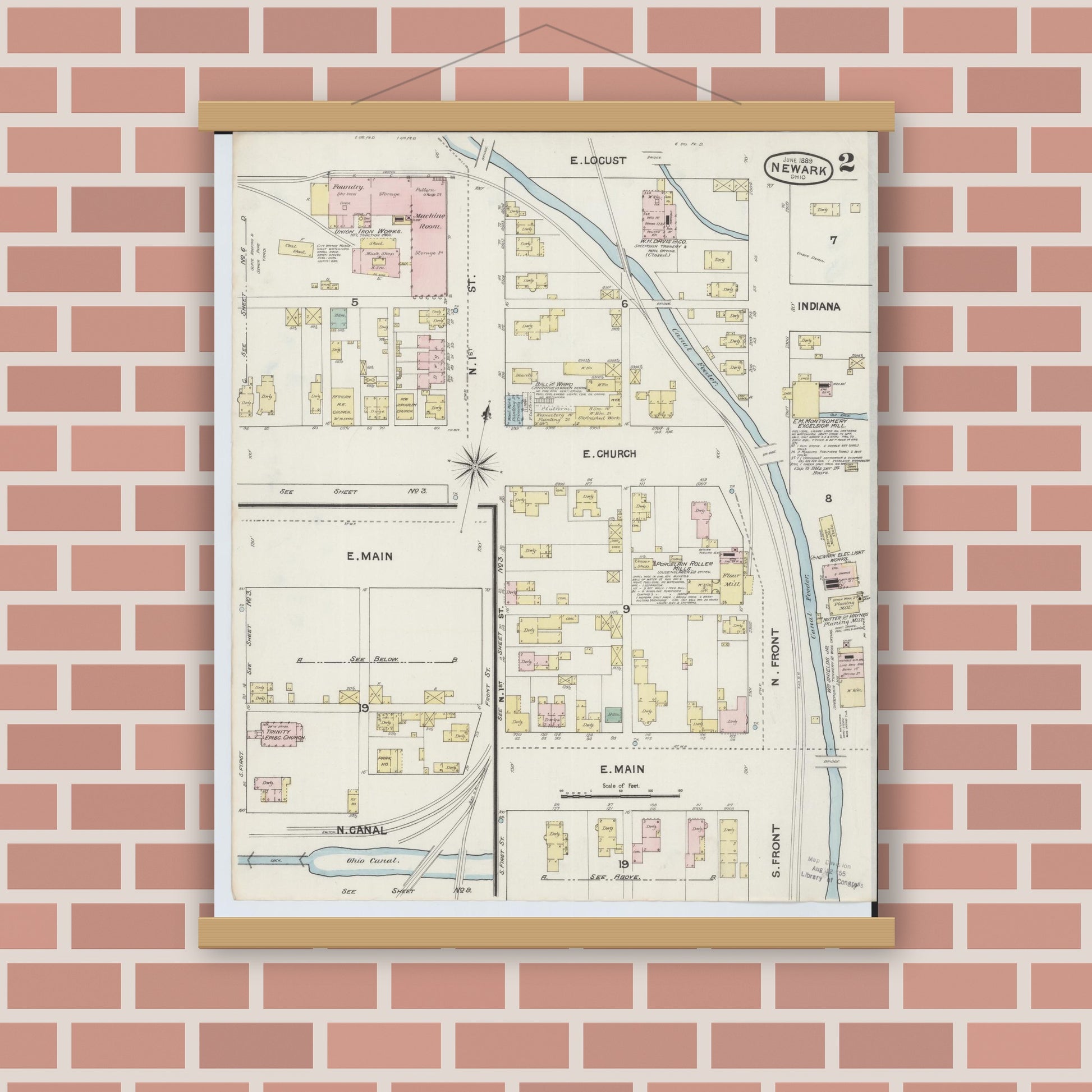 Old map wall art mockup — magnetic wood frame on brick wall — Sanborn Fire Insurance Map from Newark, Licking County, Ohio (1889), Sheet #0002