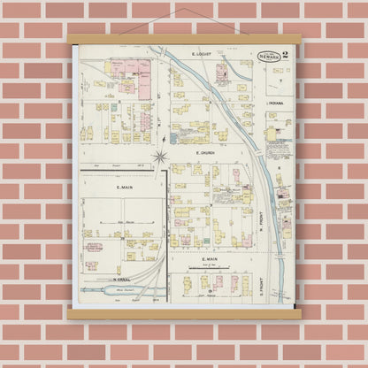 Old map wall art mockup — magnetic wood frame on brick wall — Sanborn Fire Insurance Map from Newark, Licking County, Ohio (1889), Sheet #0002