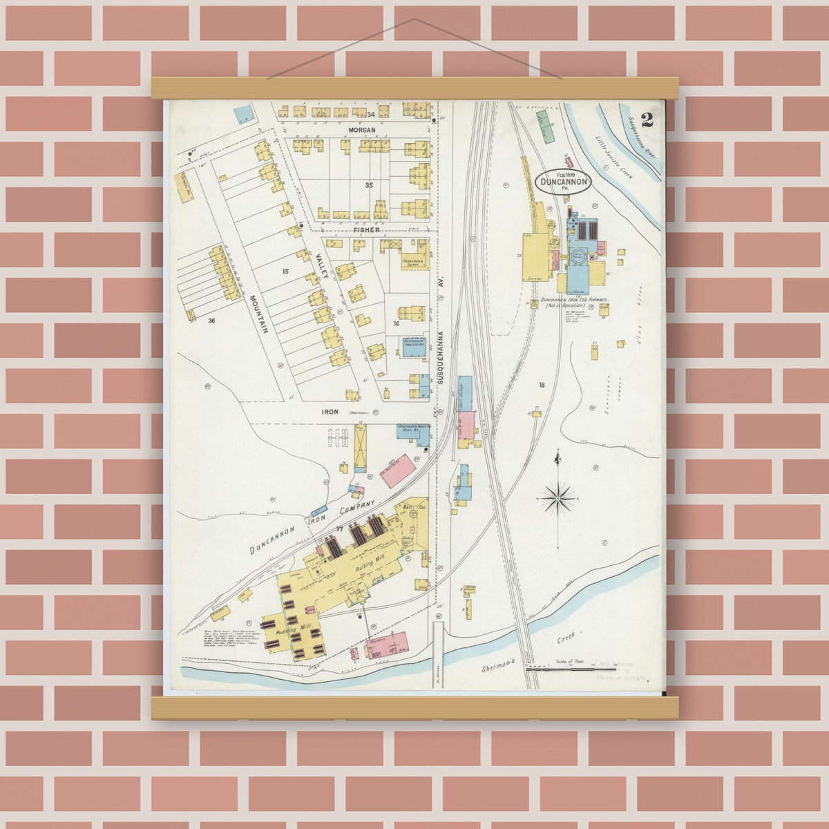 Old map wall art mockup — magnetic wood frame on brick wall — Sanborn Fire Insurance Map from Duncannon, Perry County, Pennsylvania (1899), Sheet #0002