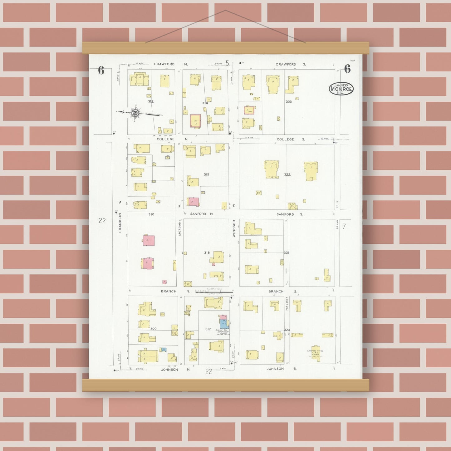 Old map wall art mockup — magnetic wood frame on brick wall — Sanborn Fire Insurance Map from Monroe, Union County, North Carolina (1930), Sheet #0006