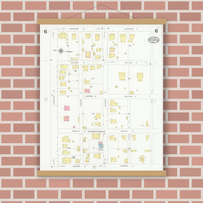 Old map wall art mockup — magnetic wood frame on brick wall — Sanborn Fire Insurance Map from Monroe, Union County, North Carolina (1930), Sheet #0006
