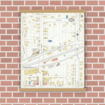 Old map wall art mockup — magnetic wood frame on brick wall — Sanborn Fire Insurance Map from Morris, Grundy County, Illinois (1916), Sheet #0003