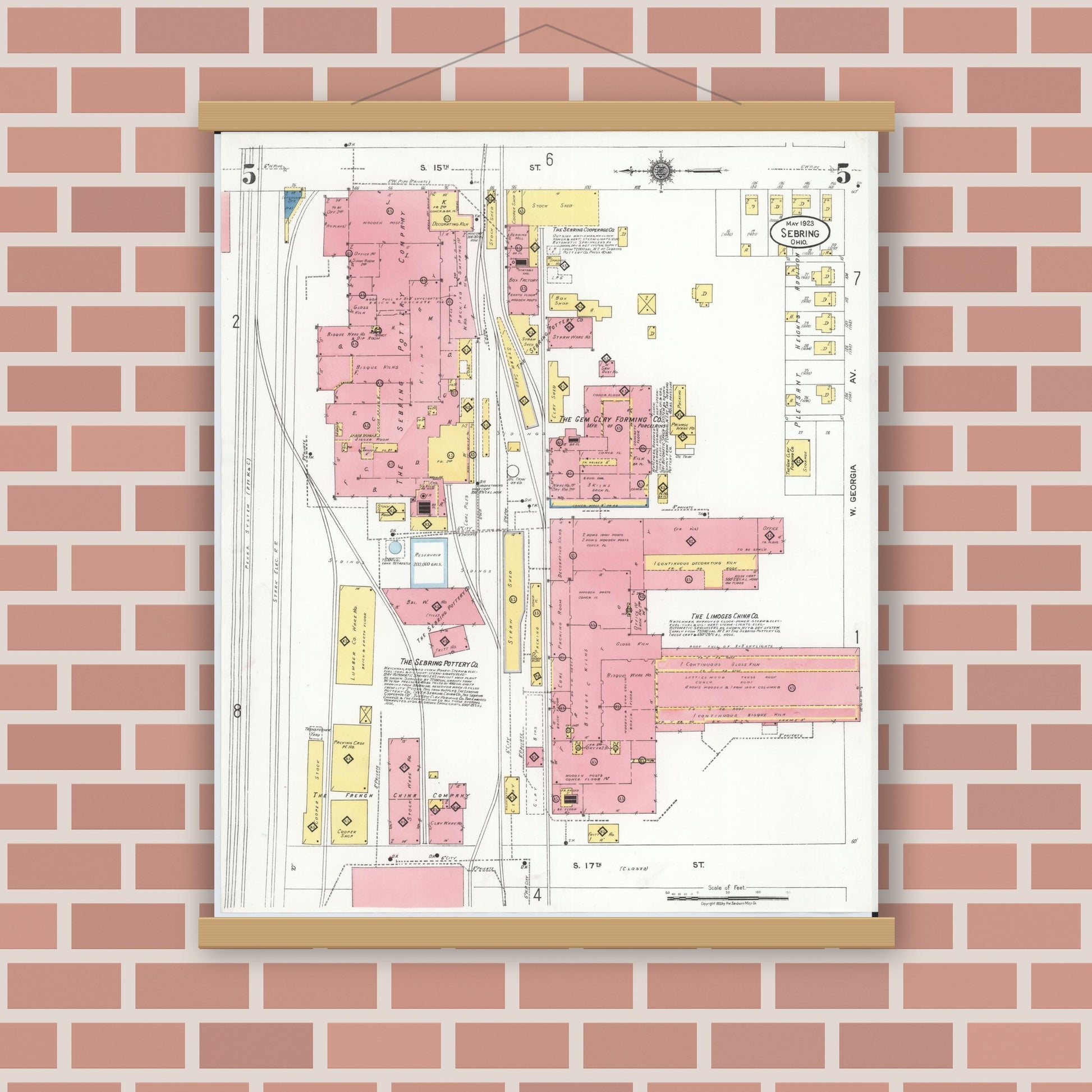 Old map wall art mockup — magnetic wood frame on brick wall — Sanborn Fire Insurance Map from Sebring, Mahoning County, Ohio (1923), Sheet #0005
