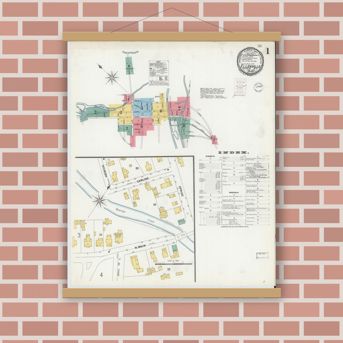 Old map wall art mockup — magnetic wood frame on brick wall — Sanborn Fire Insurance Map from Ellenville, Ulster County, New York (1900) - Complete Map Set