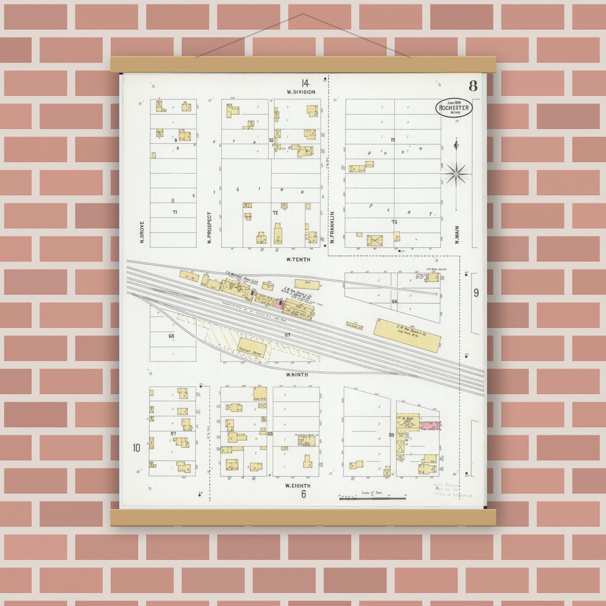 Old map wall art mockup — magnetic wood frame on brick wall — Sanborn Fire Insurance Map from Rochester, Olmsted County, Minnesota (1899), Sheet #0008