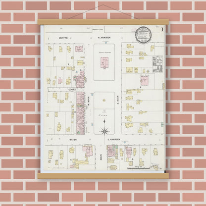 Old map wall art mockup — magnetic wood frame on brick wall — Sanborn Fire Insurance Map from Chardon, Geauga County, Ohio (1889), Sheet #0001
