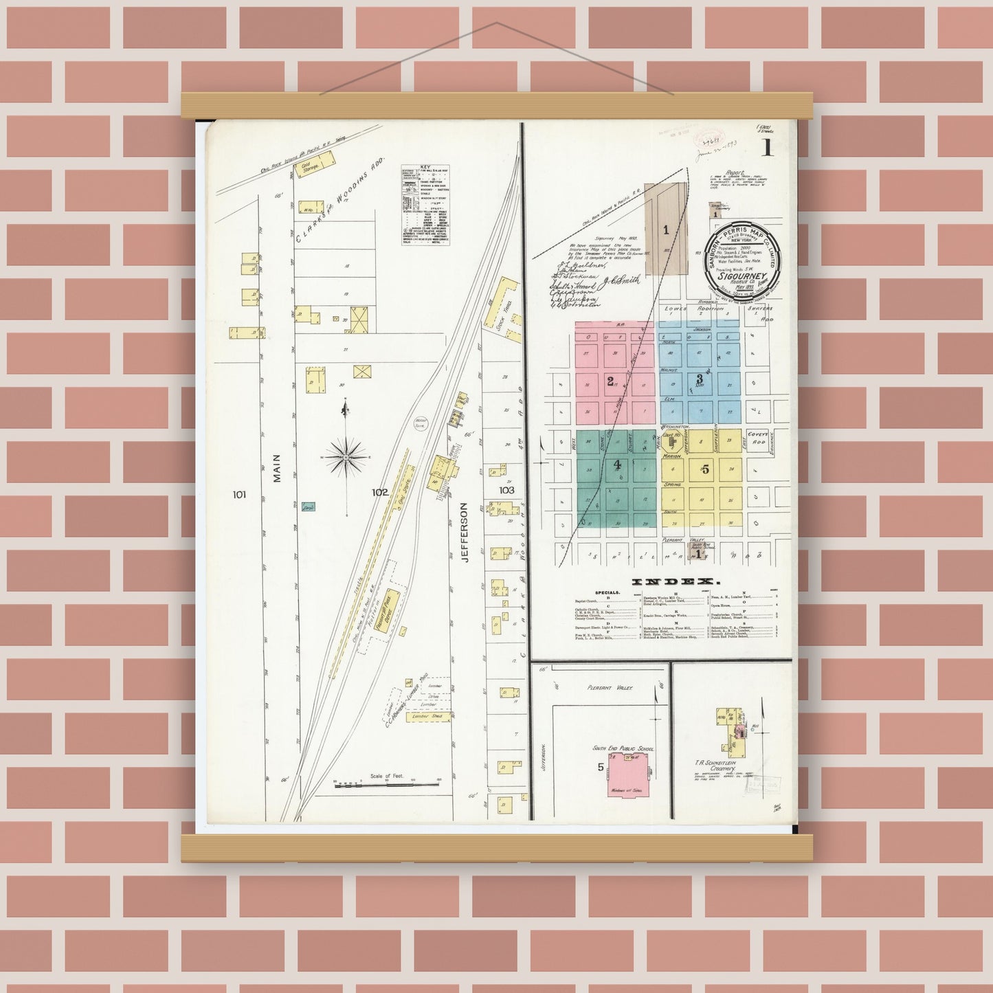 Old map wall art mockup — magnetic wood frame on brick wall — Sanborn Fire Insurance Map from Sigourney, Kiokuk County, Iowa (1893), Sheet #0001