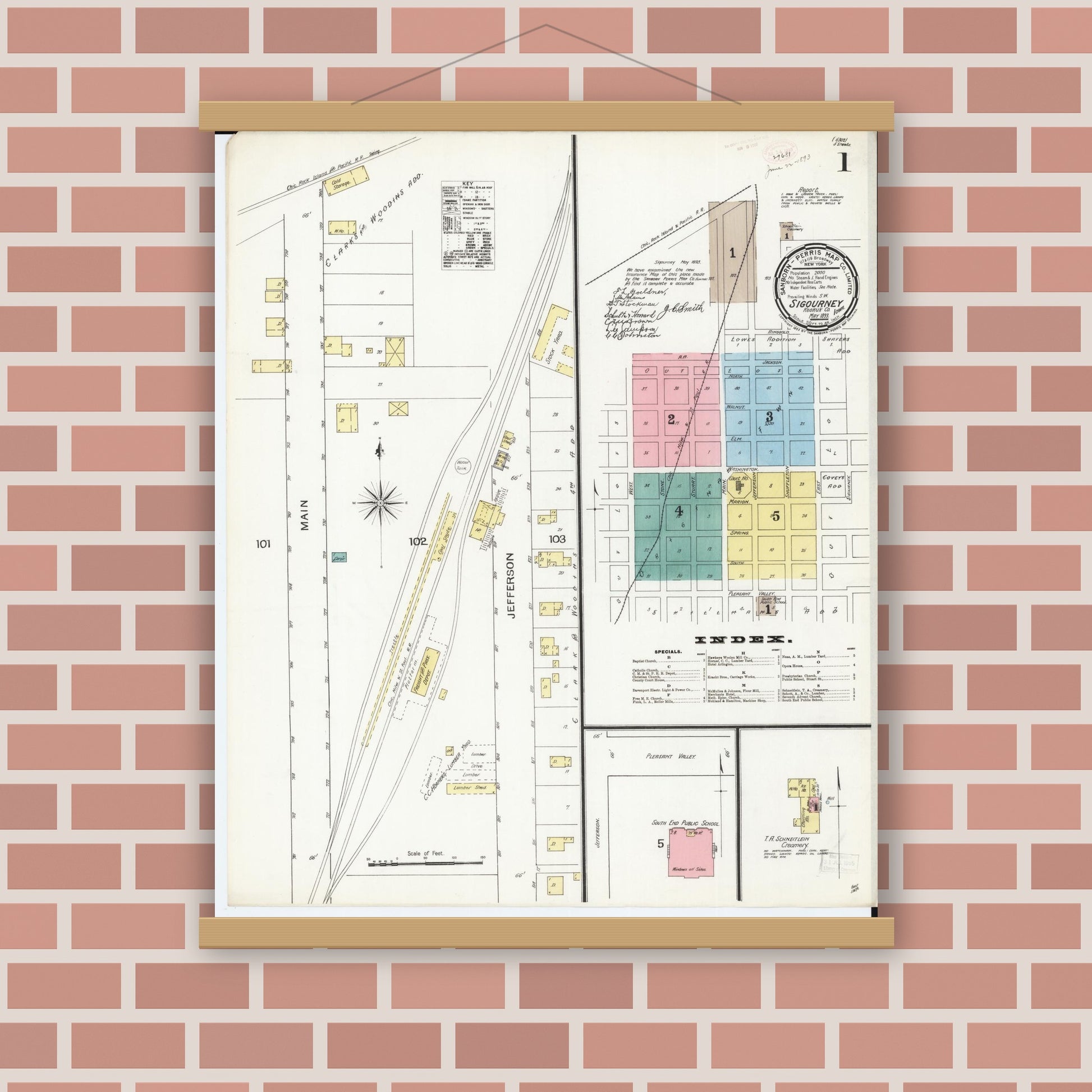 Old map wall art mockup — magnetic wood frame on brick wall — Sanborn Fire Insurance Map from Sigourney, Kiokuk County, Iowa (1893), Sheet #0001