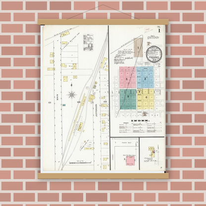Old map wall art mockup — magnetic wood frame on brick wall — Sanborn Fire Insurance Map from Sigourney, Kiokuk County, Iowa (1893), Sheet #0001