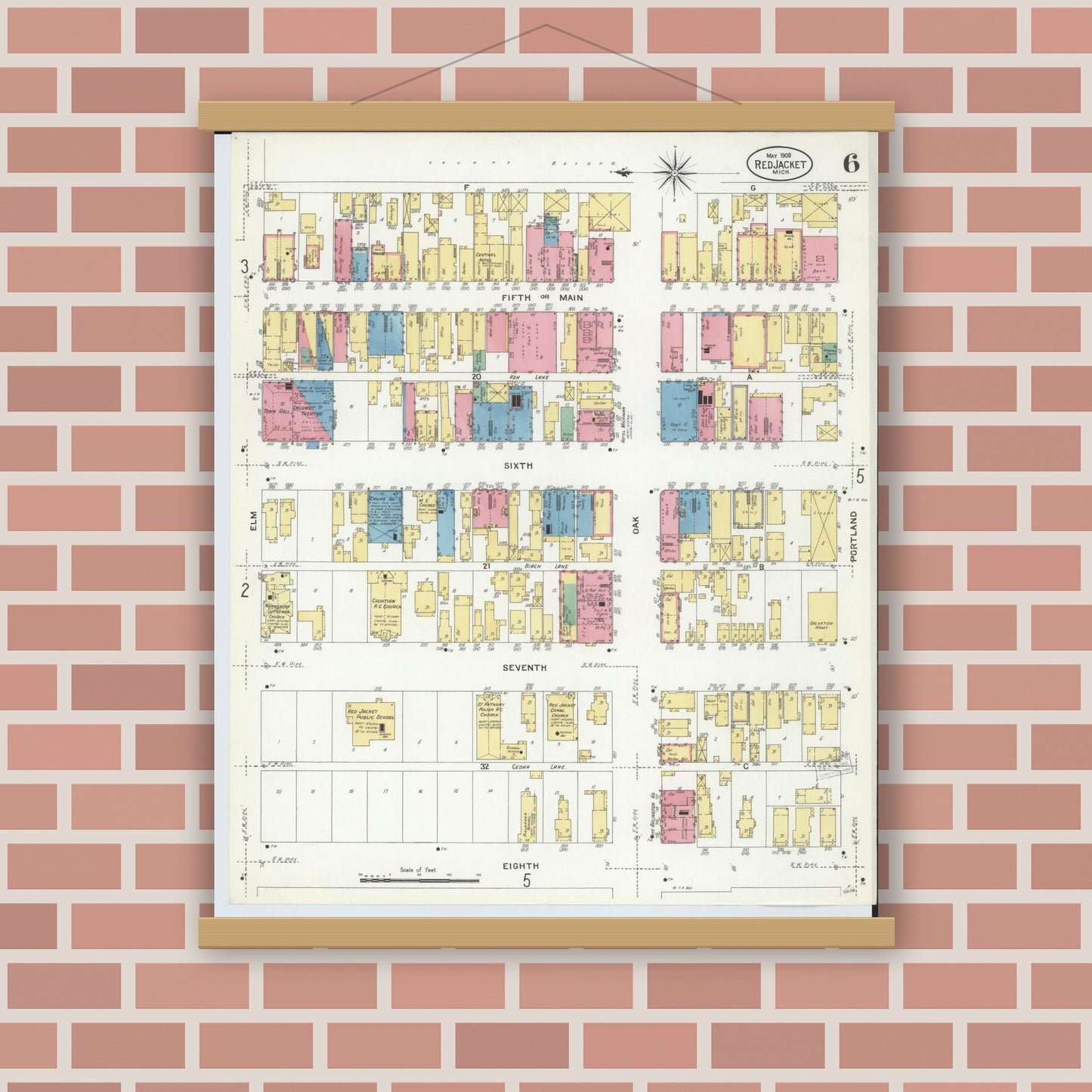 Old map wall art mockup — magnetic wood frame on brick wall — Sanborn Fire Insurance Map from Red Jacket, Houghton County, Michigan (1908), Sheet #0006