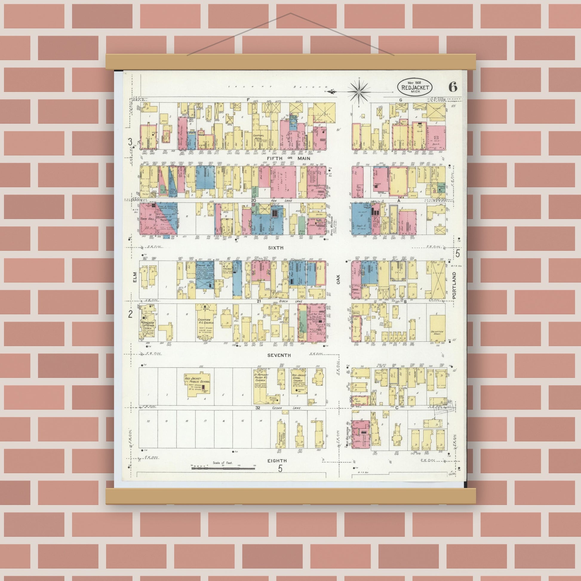 Old map wall art mockup — magnetic wood frame on brick wall — Sanborn Fire Insurance Map from Red Jacket, Houghton County, Michigan (1908), Sheet #0006