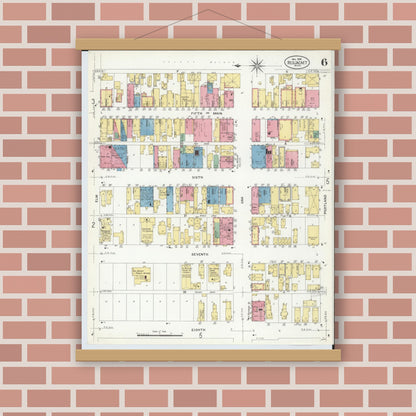 Old map wall art mockup — magnetic wood frame on brick wall — Sanborn Fire Insurance Map from Red Jacket, Houghton County, Michigan (1908), Sheet #0006