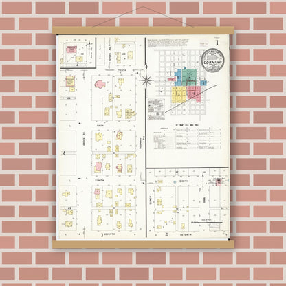 Old map wall art mockup — magnetic wood frame on brick wall — Sanborn Fire Insurance Map from Corning, Adams County, Iowa (1907), Sheet #0001