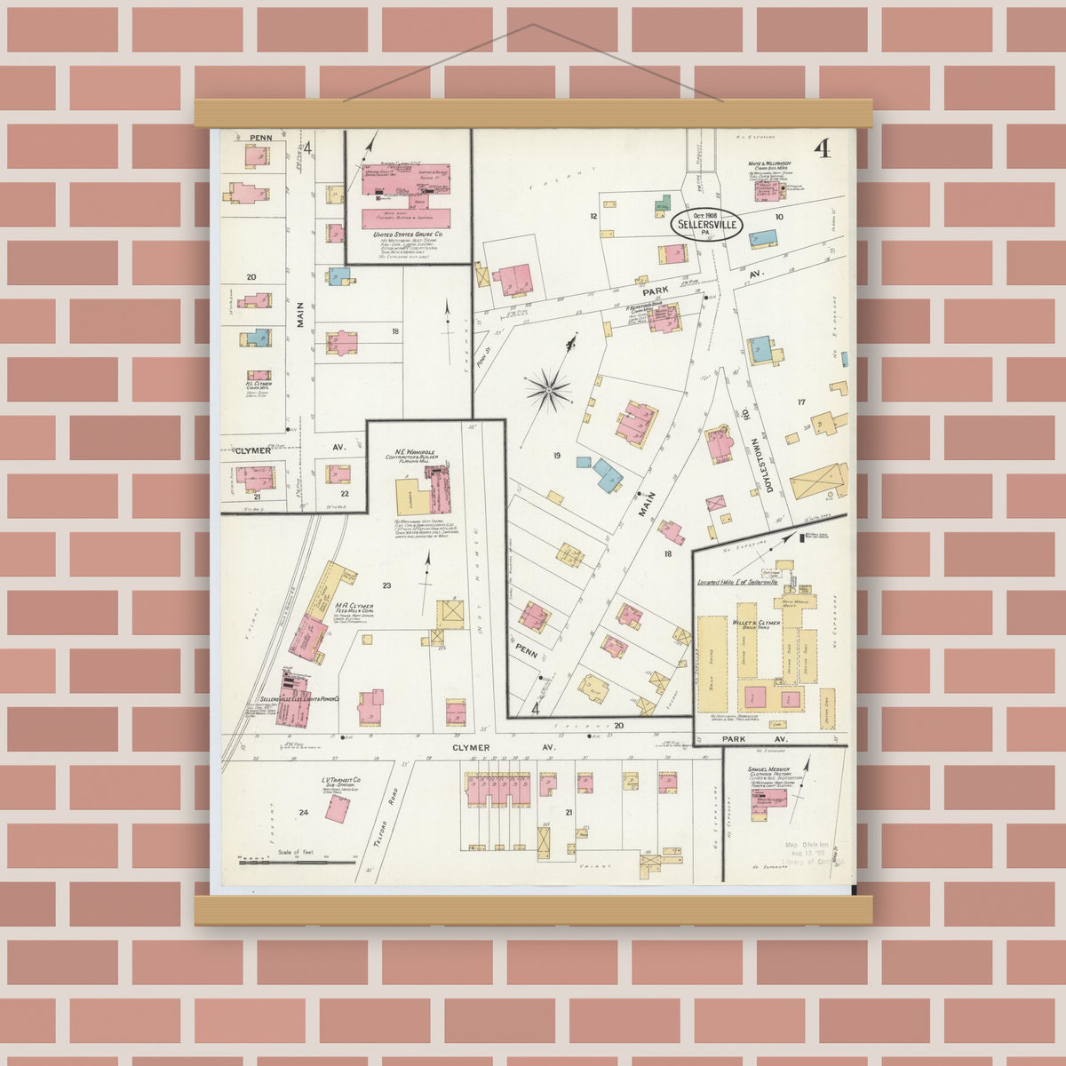 Old map wall art mockup — magnetic wood frame on brick wall — Sanborn Fire Insurance Map from Sellersville, Bucks County, Pennsylvania (1908), Sheet #0004