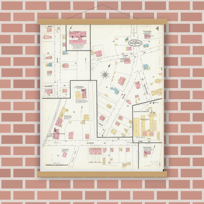 Old map wall art mockup — magnetic wood frame on brick wall — Sanborn Fire Insurance Map from Sellersville, Bucks County, Pennsylvania (1908), Sheet #0004