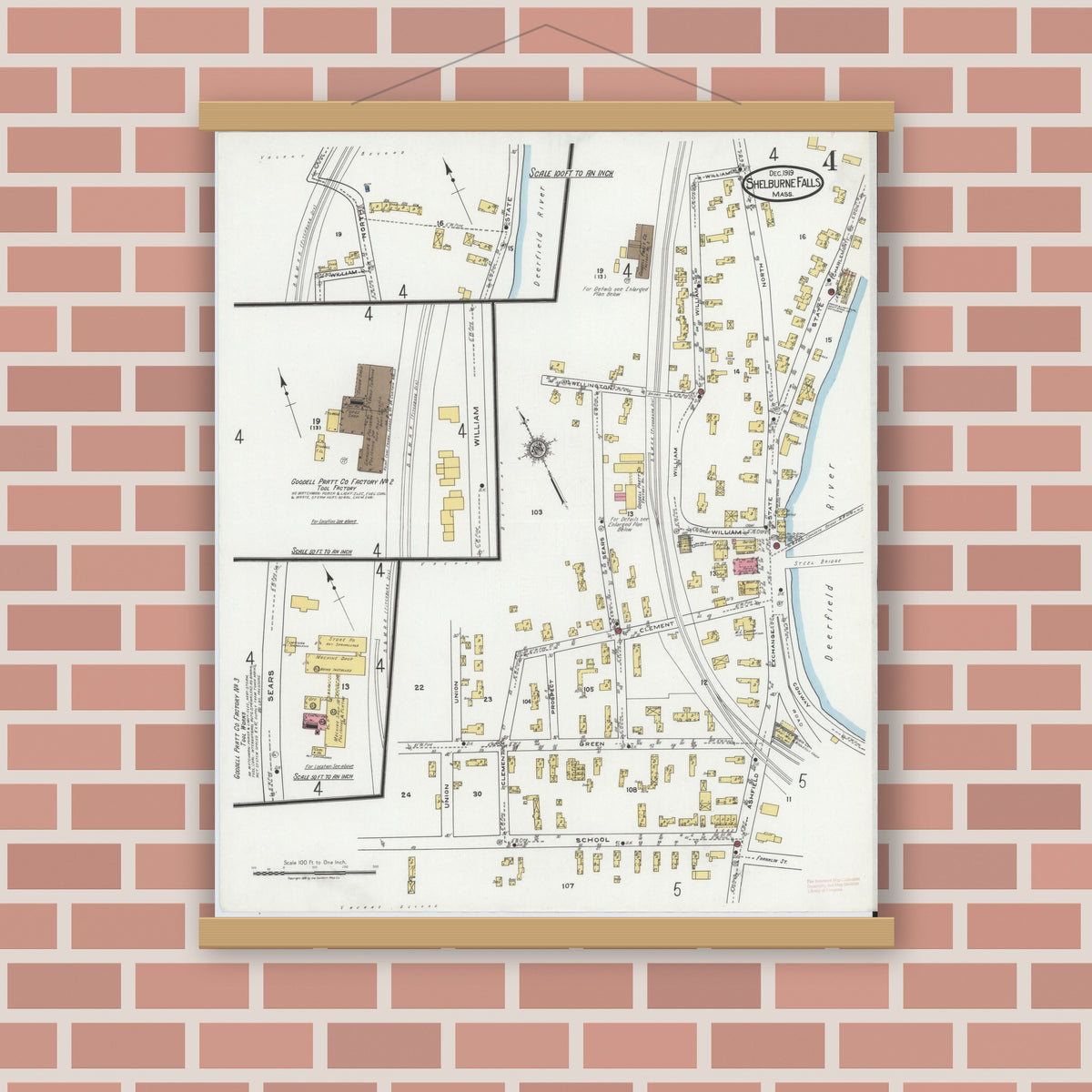Old map wall art mockup — magnetic wood frame on brick wall — Sanborn Fire Insurance Map from Shelburne Falls, Franklin County, Massachusetts (1919), Sheet #0004