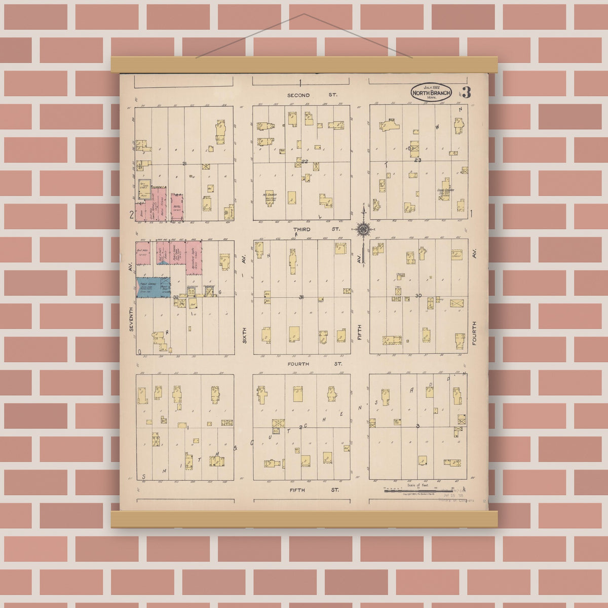 Old map wall art mockup — magnetic wood frame on brick wall — Sanborn Fire Insurance Map from North Branch, Chisago County, Minnesota (1922), Sheet #0003