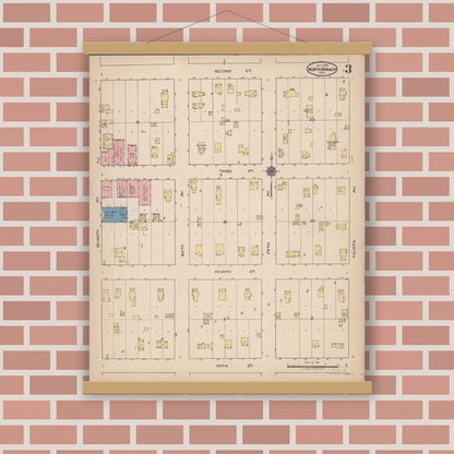 Old map wall art mockup — magnetic wood frame on brick wall — Sanborn Fire Insurance Map from North Branch, Chisago County, Minnesota (1922), Sheet #0003