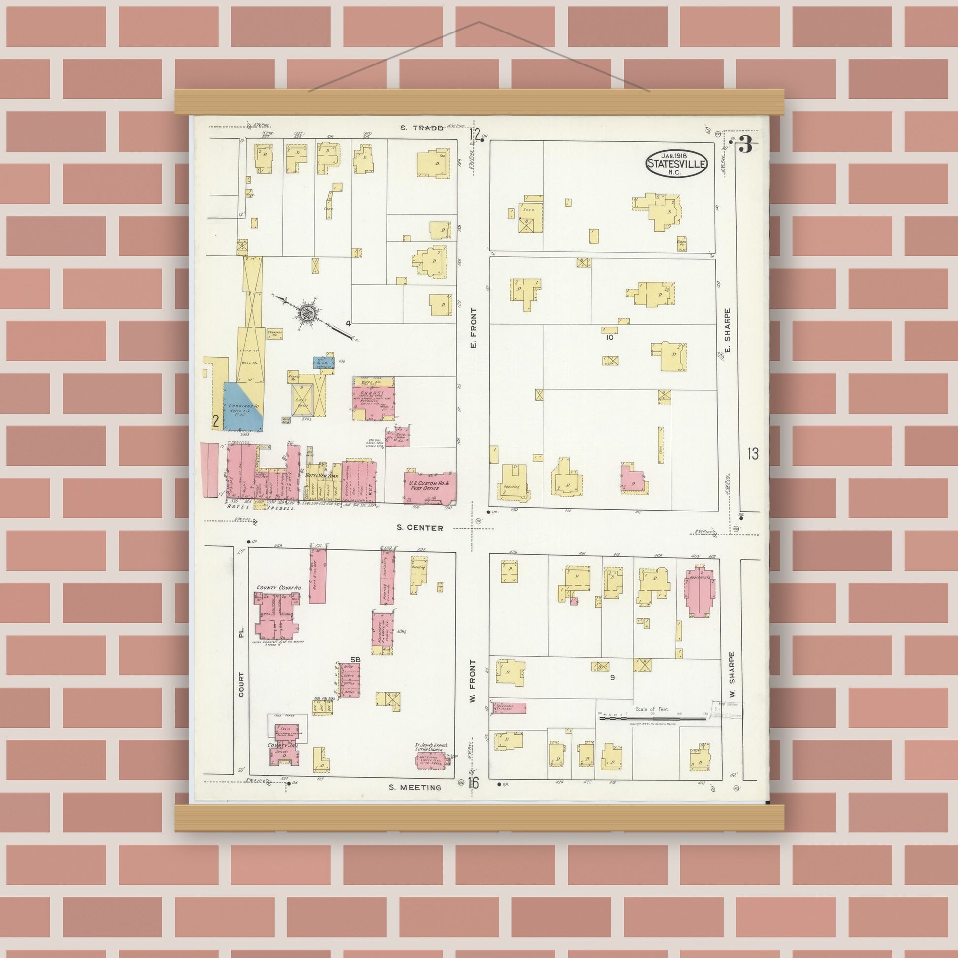 Old map wall art mockup — magnetic wood frame on brick wall — Sanborn Fire Insurance Map from Statesville, Iredell County, North Carolina (1918), Sheet #0003