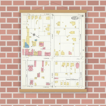 Old map wall art mockup — magnetic wood frame on brick wall — Sanborn Fire Insurance Map from Statesville, Iredell County, North Carolina (1918), Sheet #0003