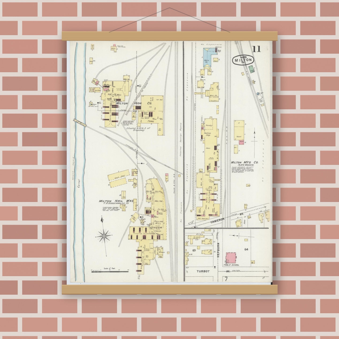 Old map wall art mockup — magnetic wood frame on brick wall — Sanborn Fire Insurance Map from Milton, Northumberland County, Pennsylvania (1896), Sheet #0011
