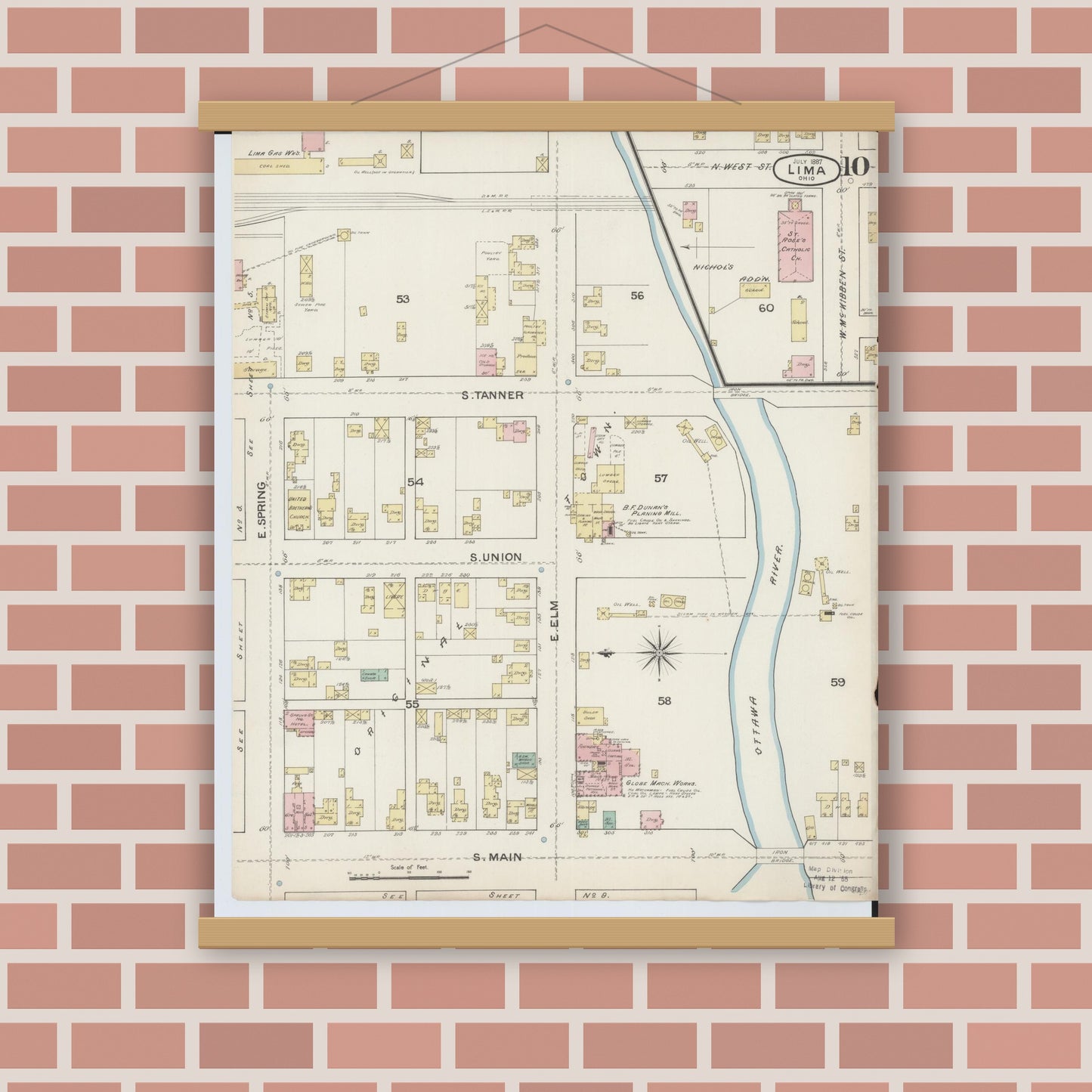 Old map wall art mockup — magnetic wood frame on brick wall — Sanborn Fire Insurance Map from Lima, Allen County, Ohio (1887), Sheet #0010
