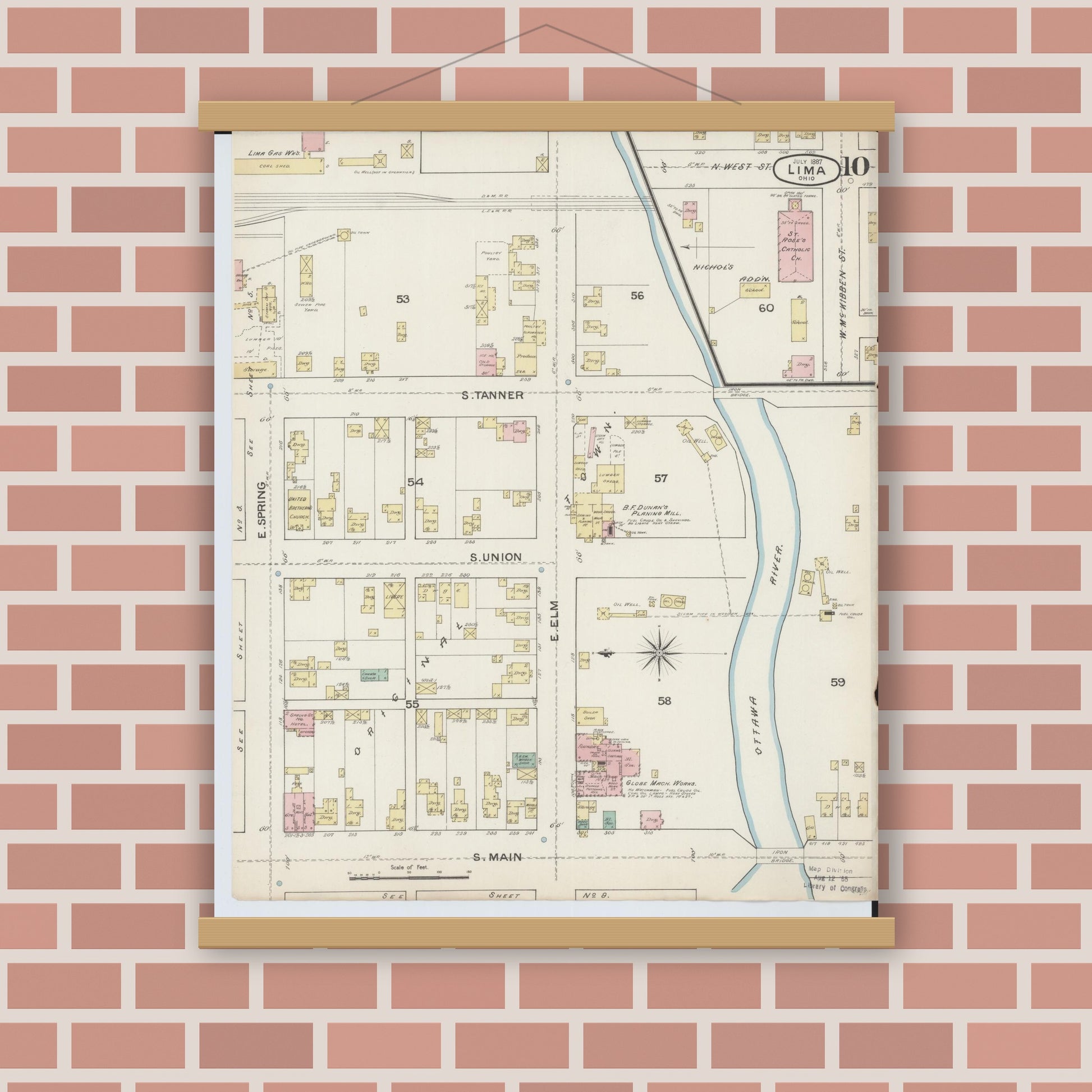 Old map wall art mockup — magnetic wood frame on brick wall — Sanborn Fire Insurance Map from Lima, Allen County, Ohio (1887), Sheet #0010
