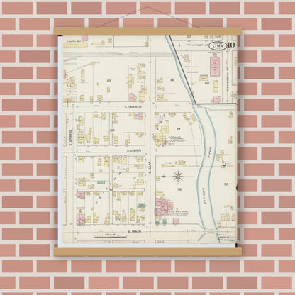 Old map wall art mockup — magnetic wood frame on brick wall — Sanborn Fire Insurance Map from Lima, Allen County, Ohio (1887), Sheet #0010