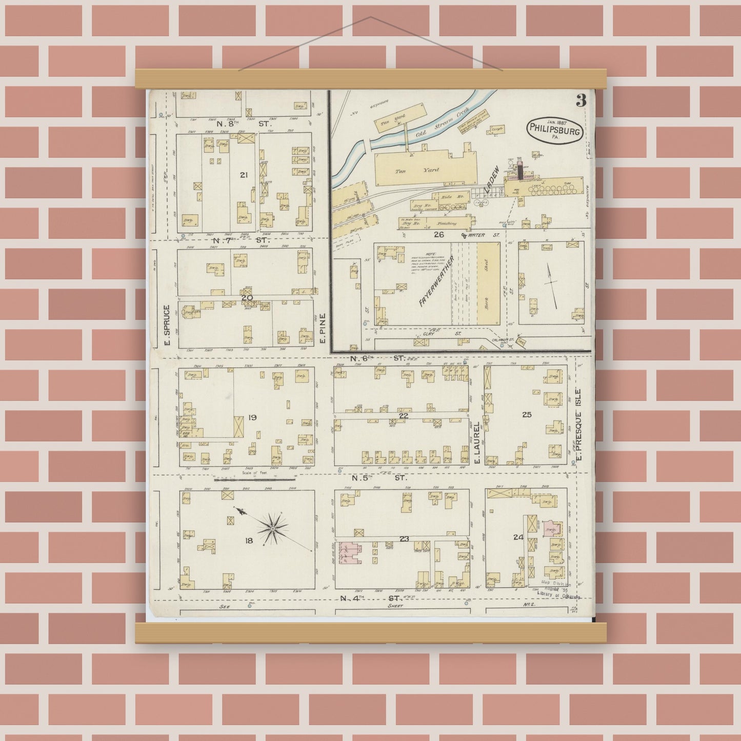 Old map wall art mockup — magnetic wood frame on brick wall — Sanborn Fire Insurance Map from Philipsburg, Centre County, Pennsylvania (1887), Sheet #0003