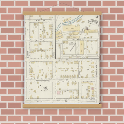 Old map wall art mockup — magnetic wood frame on brick wall — Sanborn Fire Insurance Map from Philipsburg, Centre County, Pennsylvania (1887), Sheet #0003