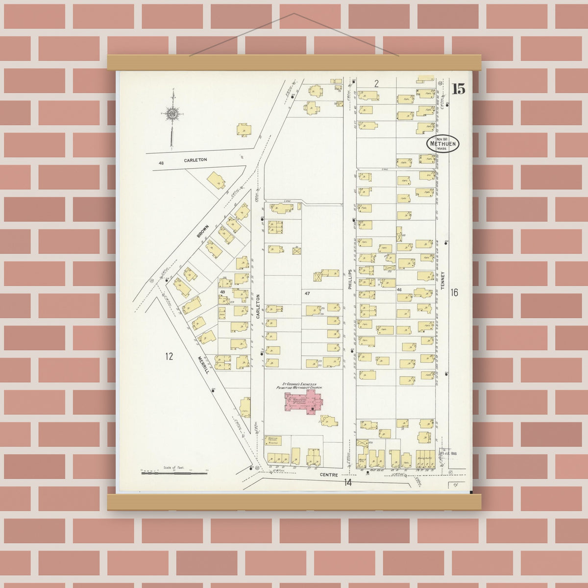 Old map wall art mockup — magnetic wood frame on brick wall — Sanborn Fire Insurance Map from Methuen, Essex County, Massachusetts (1911), Sheet #0015