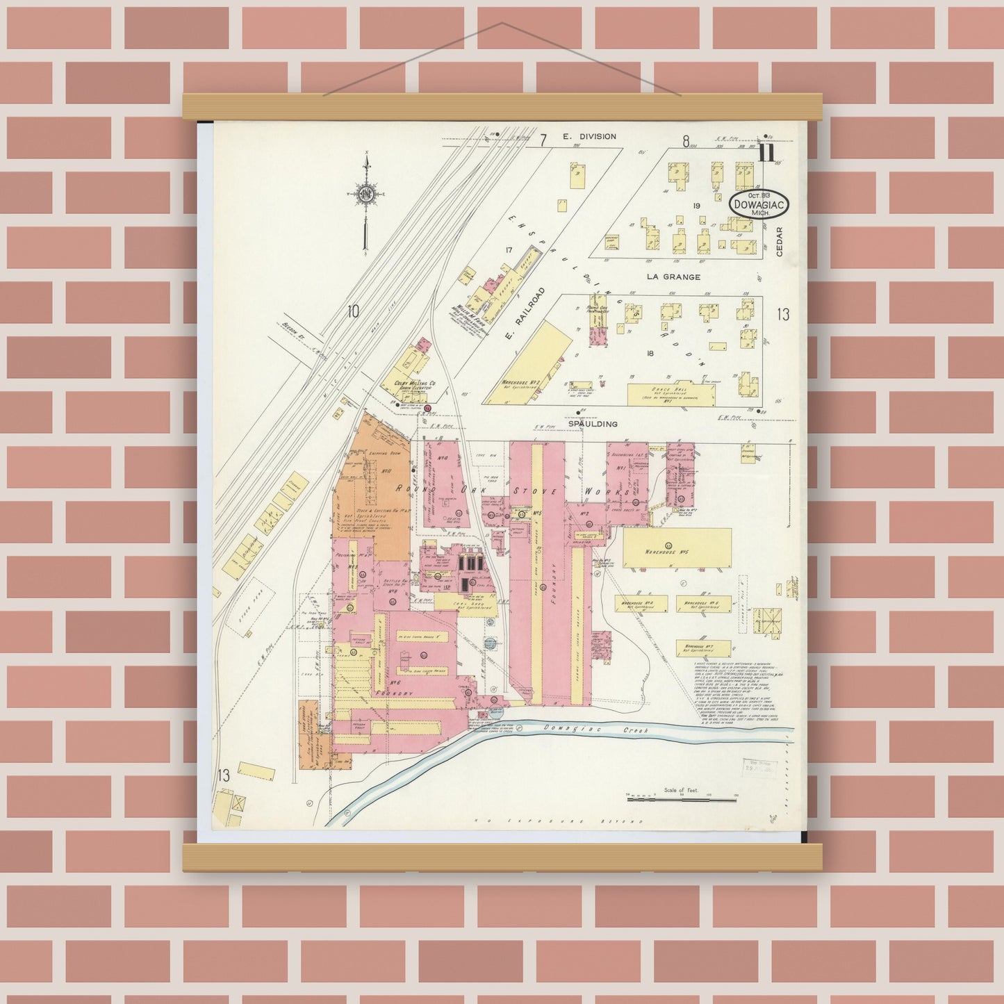 Old map wall art mockup — magnetic wood frame on brick wall — Sanborn Fire Insurance Map from Dowagiac, Cass County, Michigan (1913), Sheet #0011
