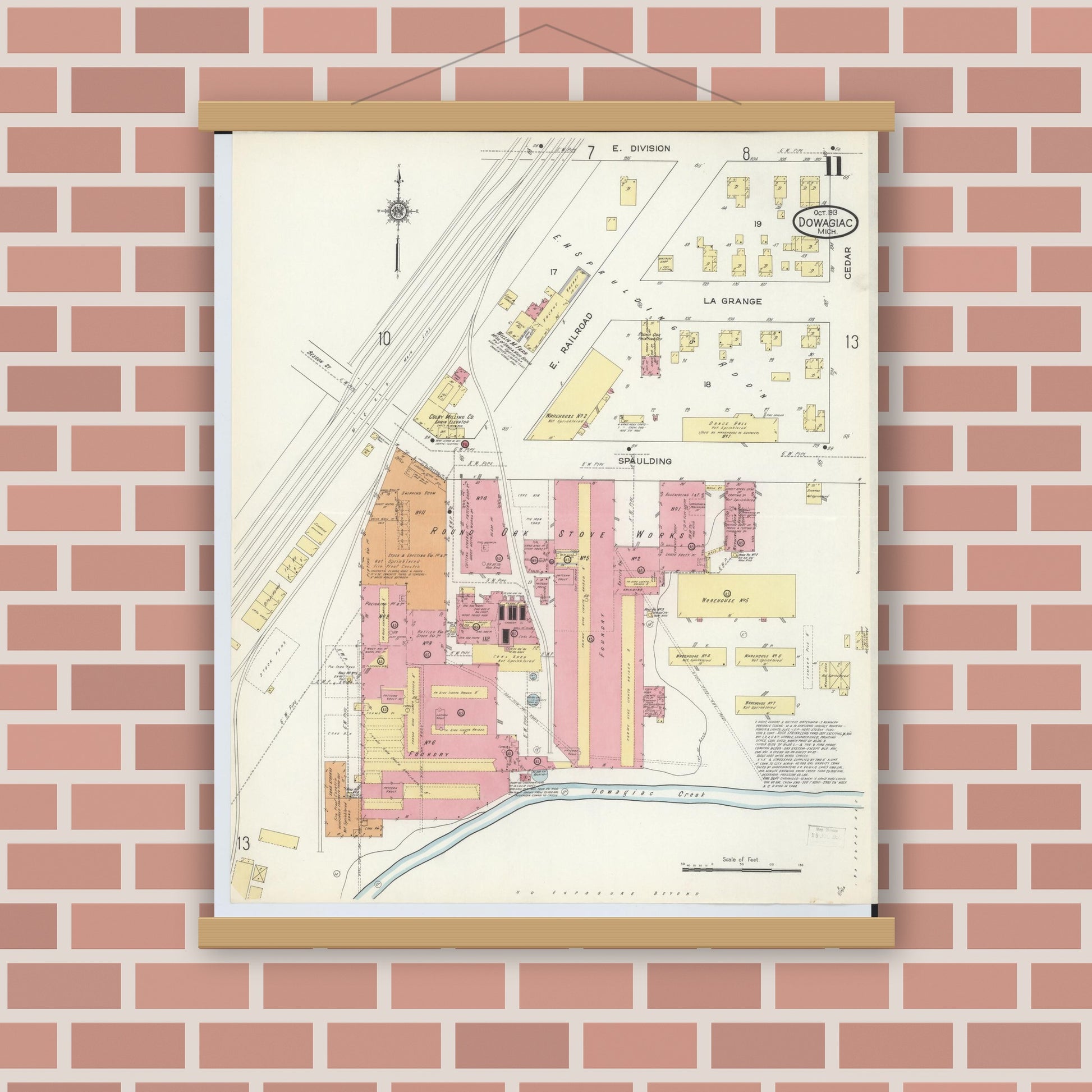 Old map wall art mockup — magnetic wood frame on brick wall — Sanborn Fire Insurance Map from Dowagiac, Cass County, Michigan (1913), Sheet #0011