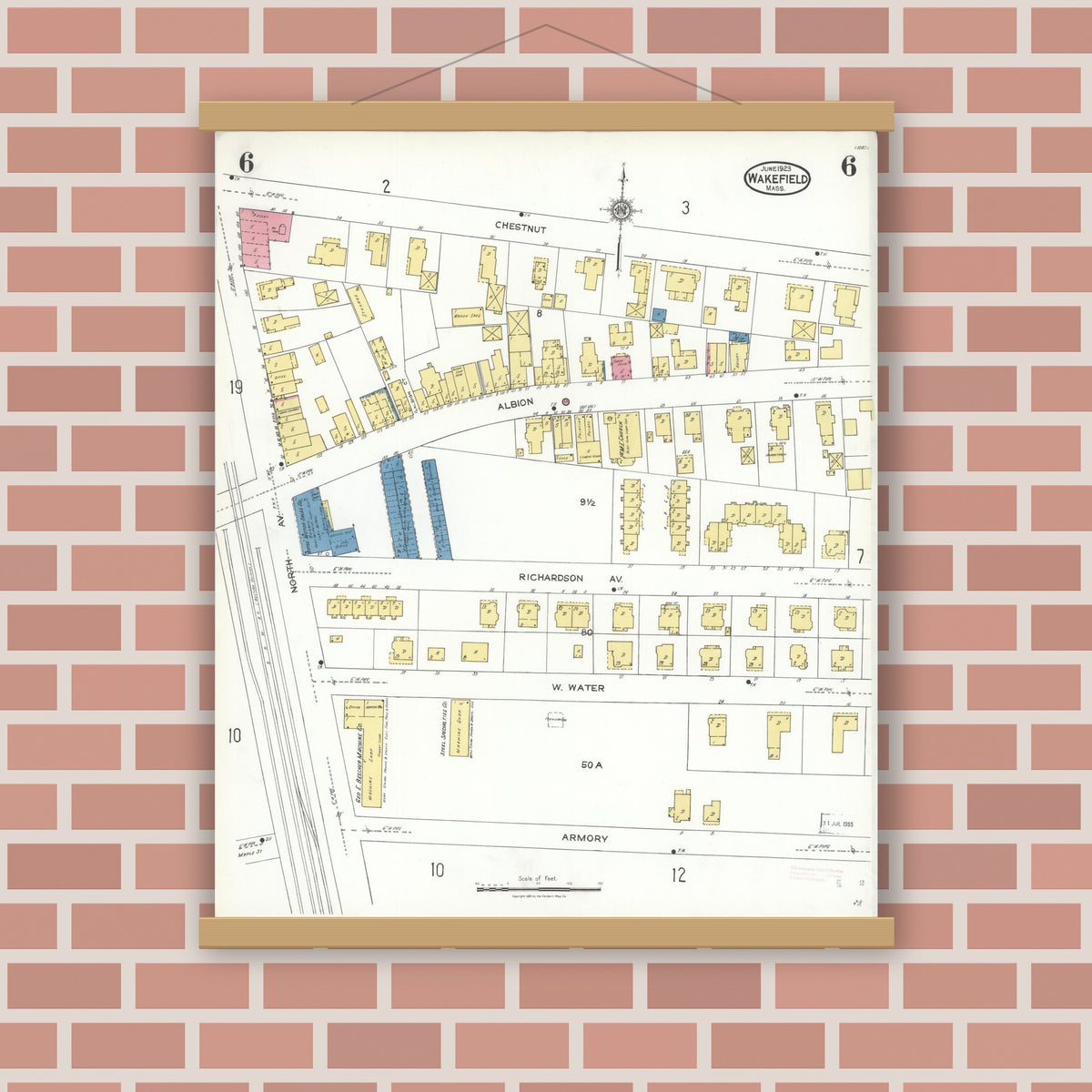 Old map wall art mockup — magnetic wood frame on brick wall — Sanborn Fire Insurance Map from Wakefield, Middlesex County, Massachusetts (1923), Sheet #0006