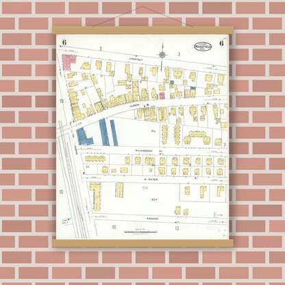 Old map wall art mockup — magnetic wood frame on brick wall — Sanborn Fire Insurance Map from Wakefield, Middlesex County, Massachusetts (1923), Sheet #0006