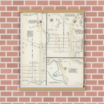 Old map wall art mockup — magnetic wood frame on brick wall — Sanborn Fire Insurance Map from Cadillac, Wexford County, Michigan (1884), Sheet #0011