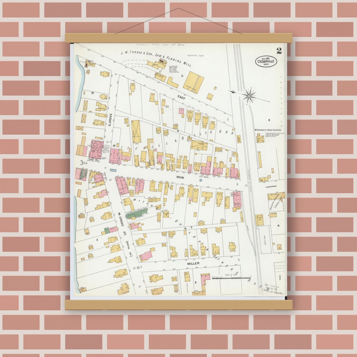 Old map wall art mockup — magnetic wood frame on brick wall — Sanborn Fire Insurance Map from Cedarville, Greene County, Ohio (1901), Sheet #0002