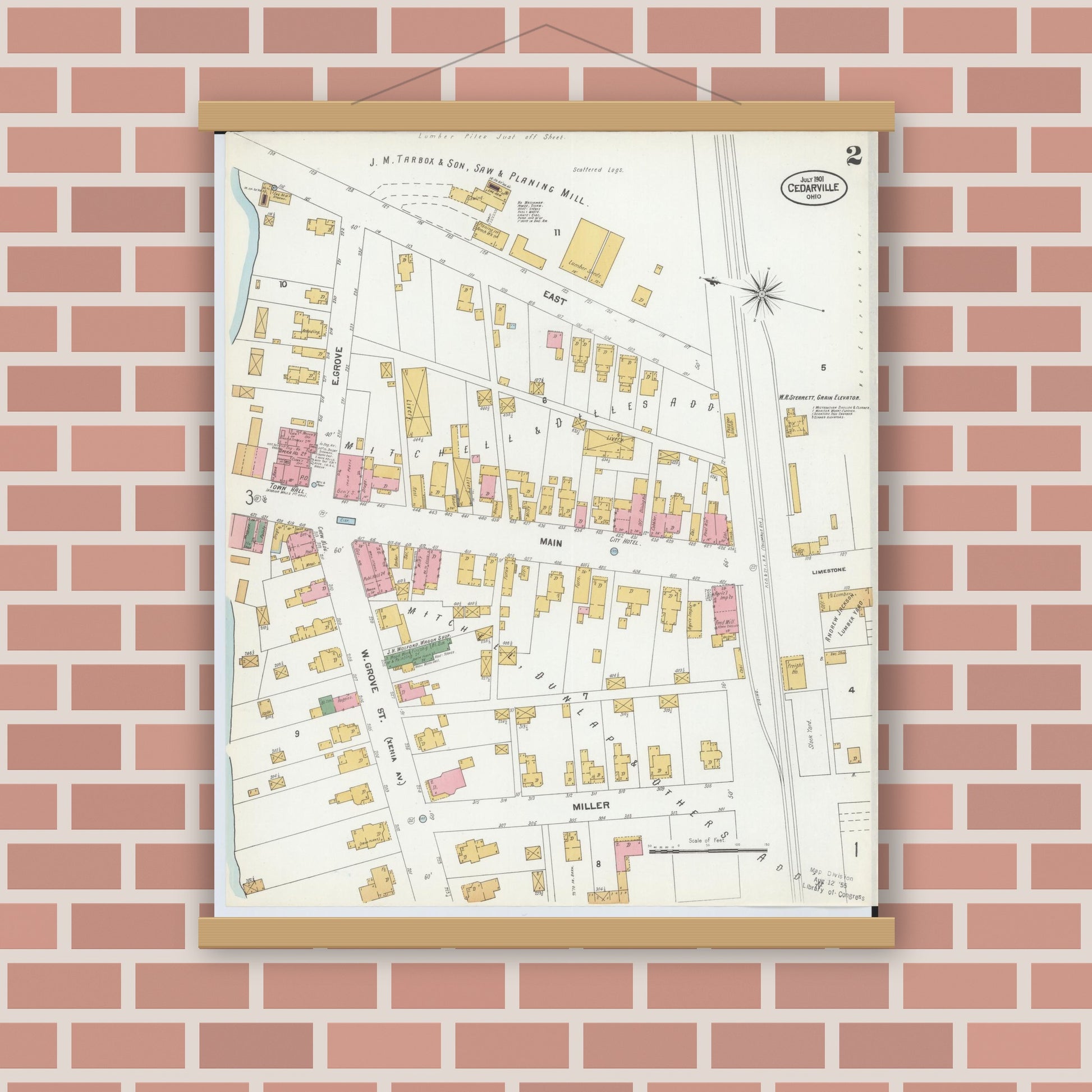 Old map wall art mockup — magnetic wood frame on brick wall — Sanborn Fire Insurance Map from Cedarville, Greene County, Ohio (1901), Sheet #0002