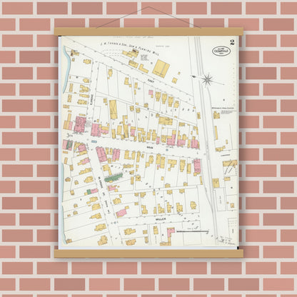 Old map wall art mockup — magnetic wood frame on brick wall — Sanborn Fire Insurance Map from Cedarville, Greene County, Ohio (1901), Sheet #0002