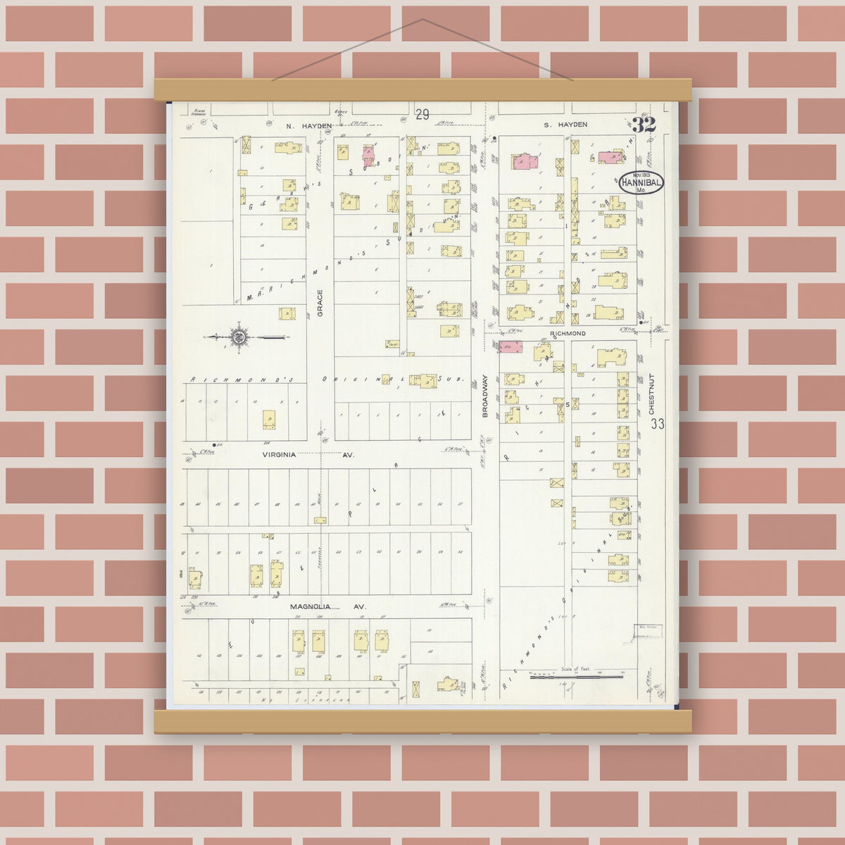 Old map wall art mockup — magnetic wood frame on brick wall — Sanborn Fire Insurance Map from Hannibal, Marion County, Missouri (1913), Sheet #0032