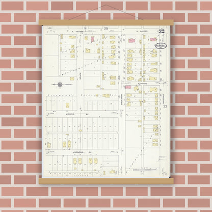 Old map wall art mockup — magnetic wood frame on brick wall — Sanborn Fire Insurance Map from Hannibal, Marion County, Missouri (1913), Sheet #0032