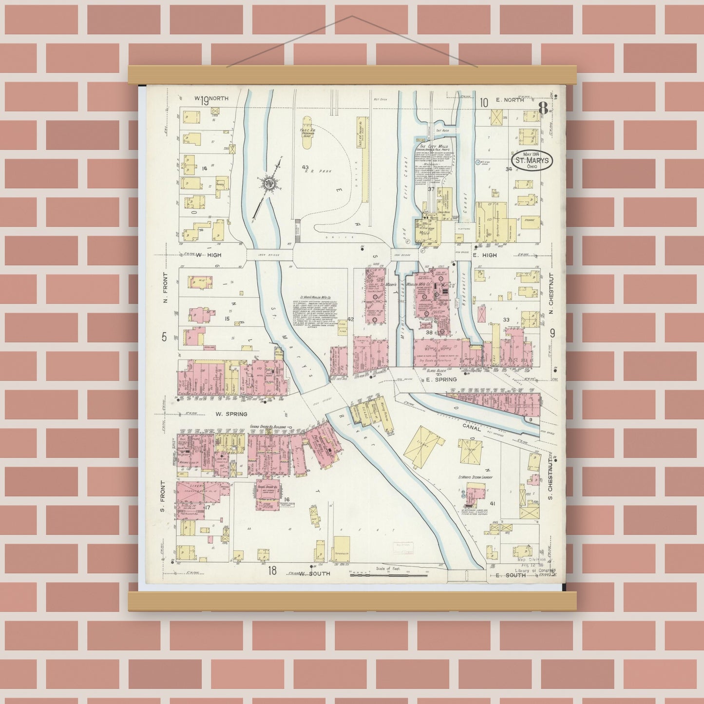 Old map wall art mockup — magnetic wood frame on brick wall — Sanborn Fire Insurance Map from Saint Marys, Auglaize County, Ohio (1914), Sheet #0008