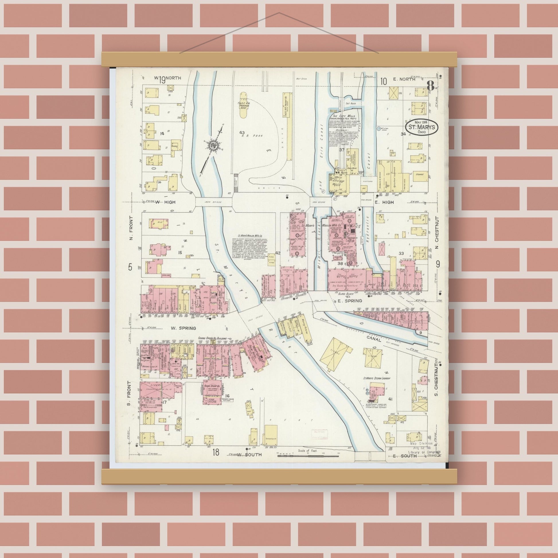 Old map wall art mockup — magnetic wood frame on brick wall — Sanborn Fire Insurance Map from Saint Marys, Auglaize County, Ohio (1914), Sheet #0008