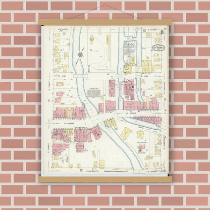 Old map wall art mockup — magnetic wood frame on brick wall — Sanborn Fire Insurance Map from Saint Marys, Auglaize County, Ohio (1914), Sheet #0008