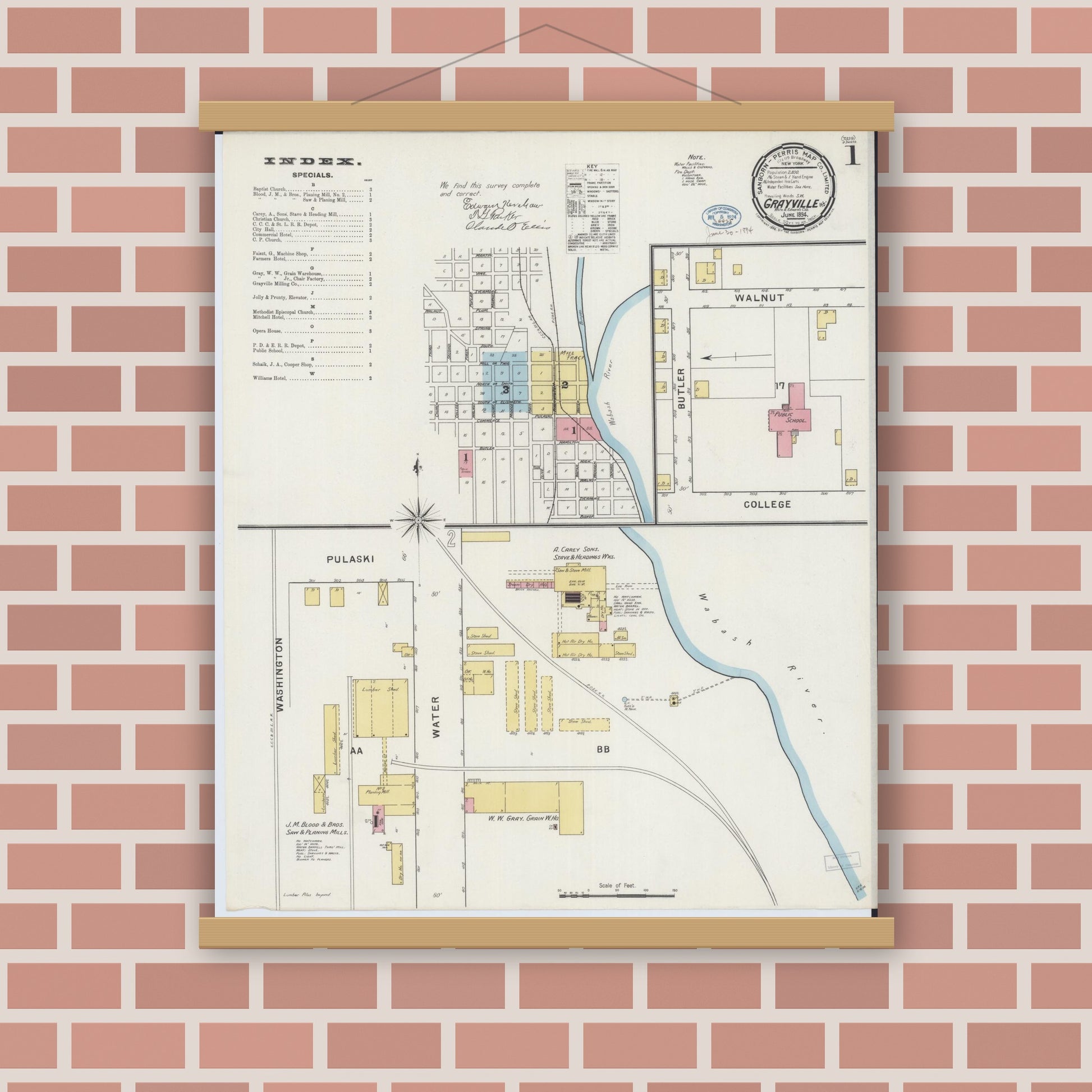 Old map wall art mockup — magnetic wood frame on brick wall — Sanborn Fire Insurance Map from Grayville, White And Edwards Counties, Illinois (1894) - Complete Map Set