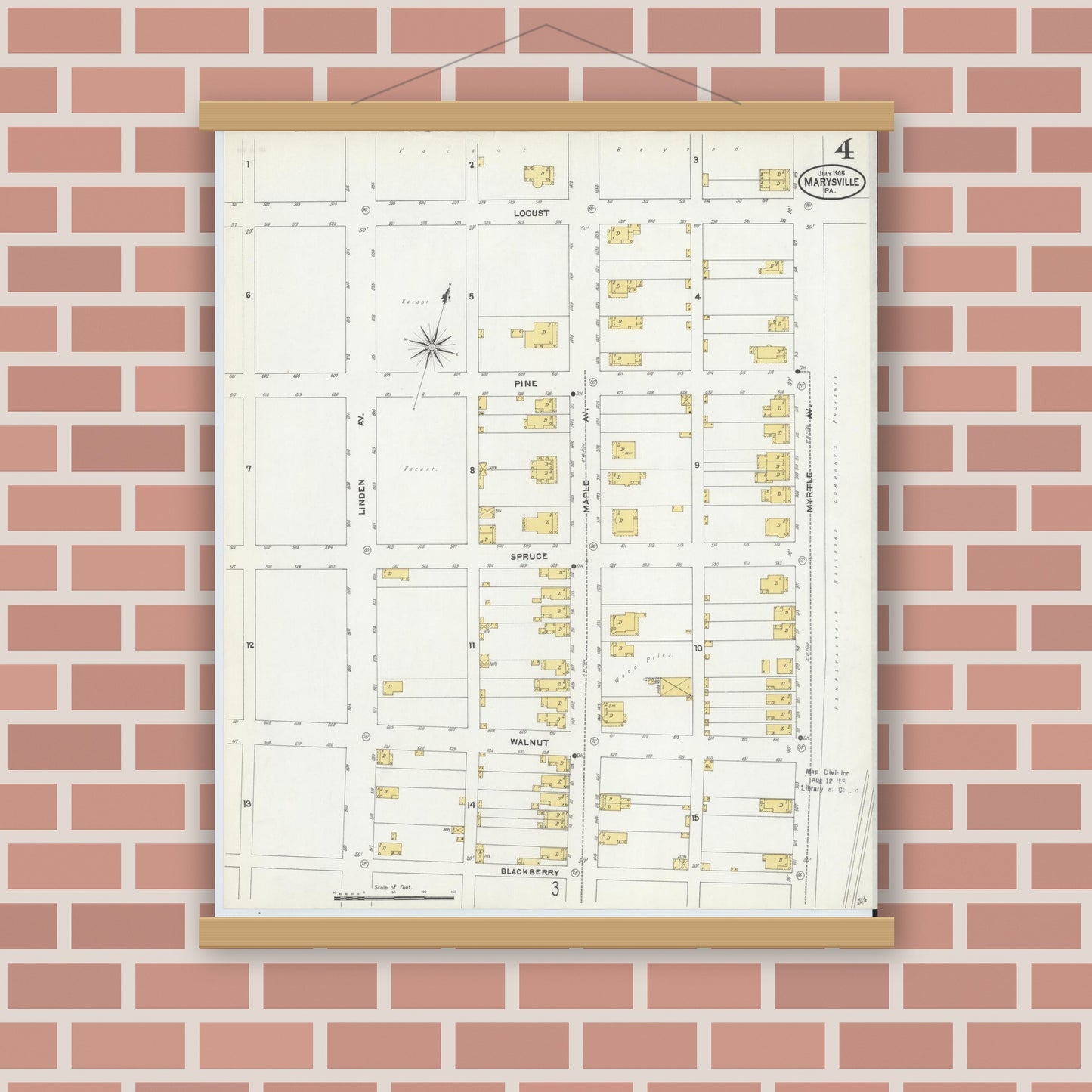Old map wall art mockup — magnetic wood frame on brick wall — Sanborn Fire Insurance Map from Marysville, Perry County, Pennsylvania (1905), Sheet #0004