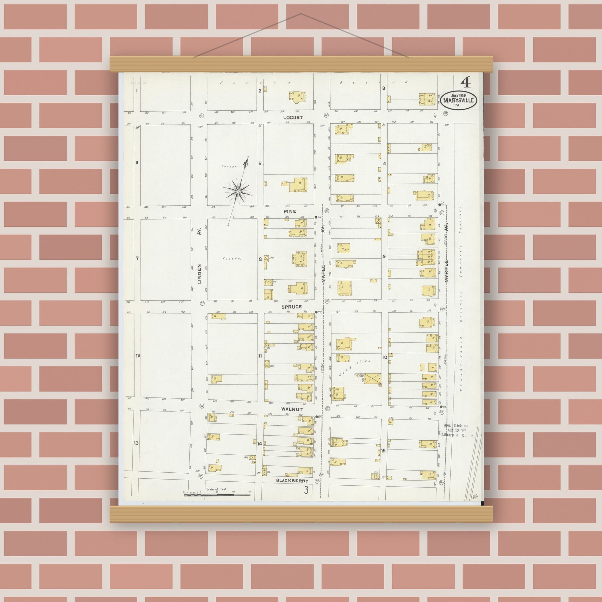 Old map wall art mockup — magnetic wood frame on brick wall — Sanborn Fire Insurance Map from Marysville, Perry County, Pennsylvania (1905), Sheet #0004
