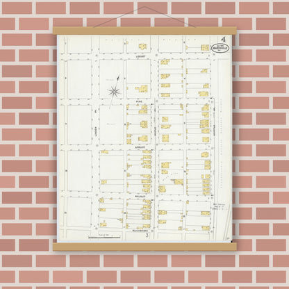Old map wall art mockup — magnetic wood frame on brick wall — Sanborn Fire Insurance Map from Marysville, Perry County, Pennsylvania (1905), Sheet #0004