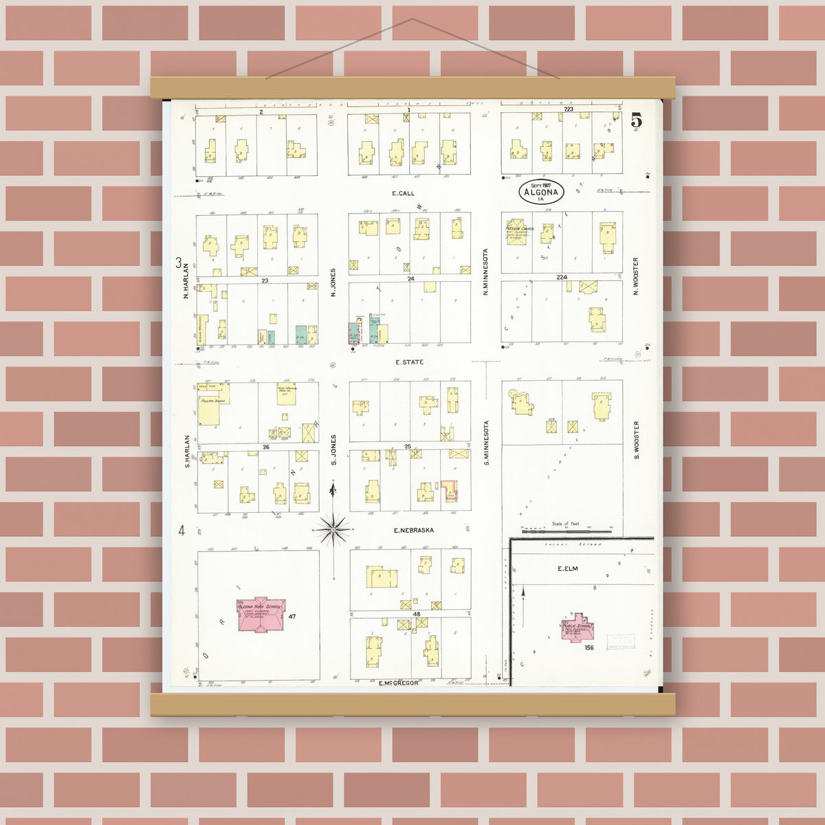 Old map wall art mockup — magnetic wood frame on brick wall — Sanborn Fire Insurance Map from Algona, Kossuth County, Iowa (1907), Sheet #0005