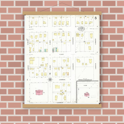 Old map wall art mockup — magnetic wood frame on brick wall — Sanborn Fire Insurance Map from Algona, Kossuth County, Iowa (1907), Sheet #0005